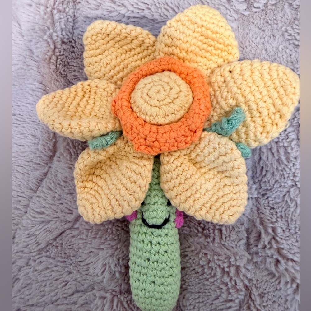 Pebble Tweed daffodil, baby rattle hundred percent organic materials